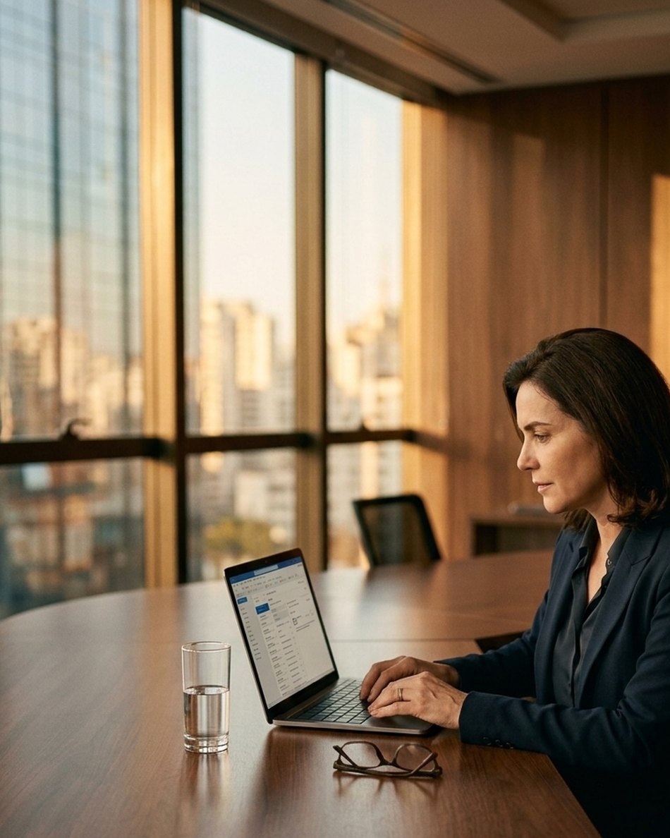 Executiva de finanças analisando indicadores de saúde corporativa