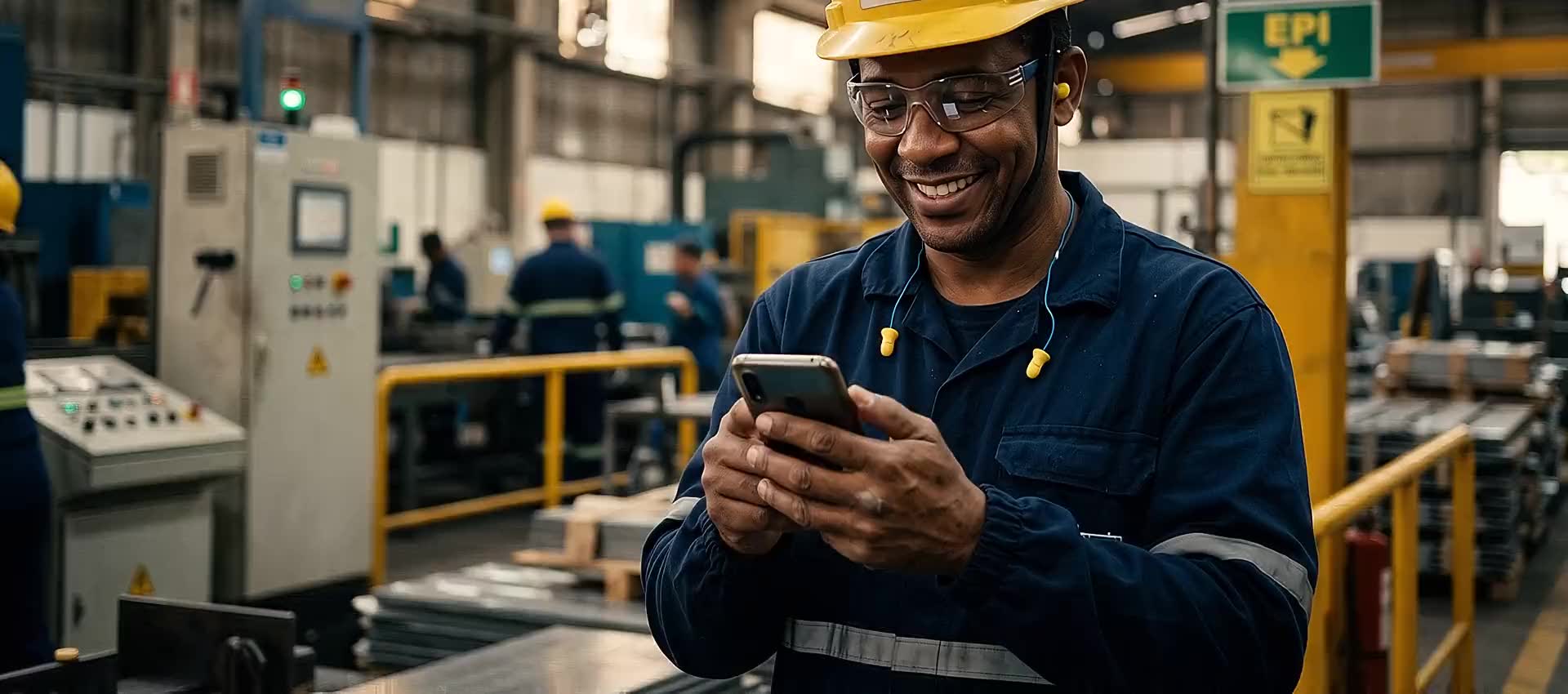 Colaborador de operação industrial acessando o Bio pelo celular durante o turno